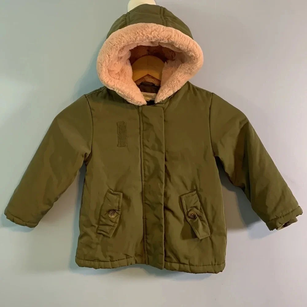 Gymboree size 3t olive military green zip up pink fur hood like new winter parka